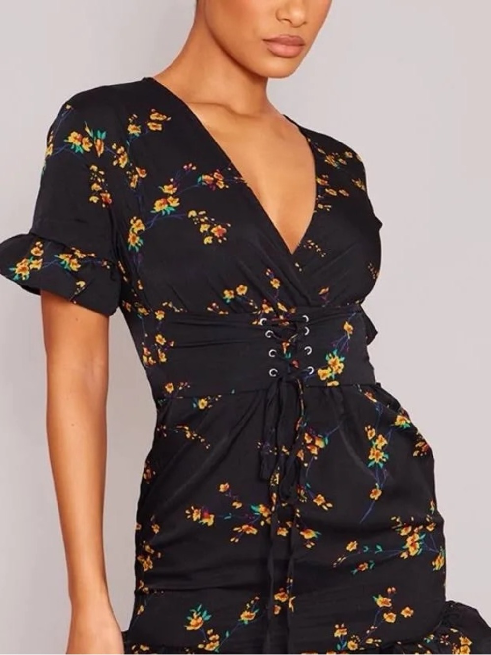 Black Floral Lace-Up Corset Dress
